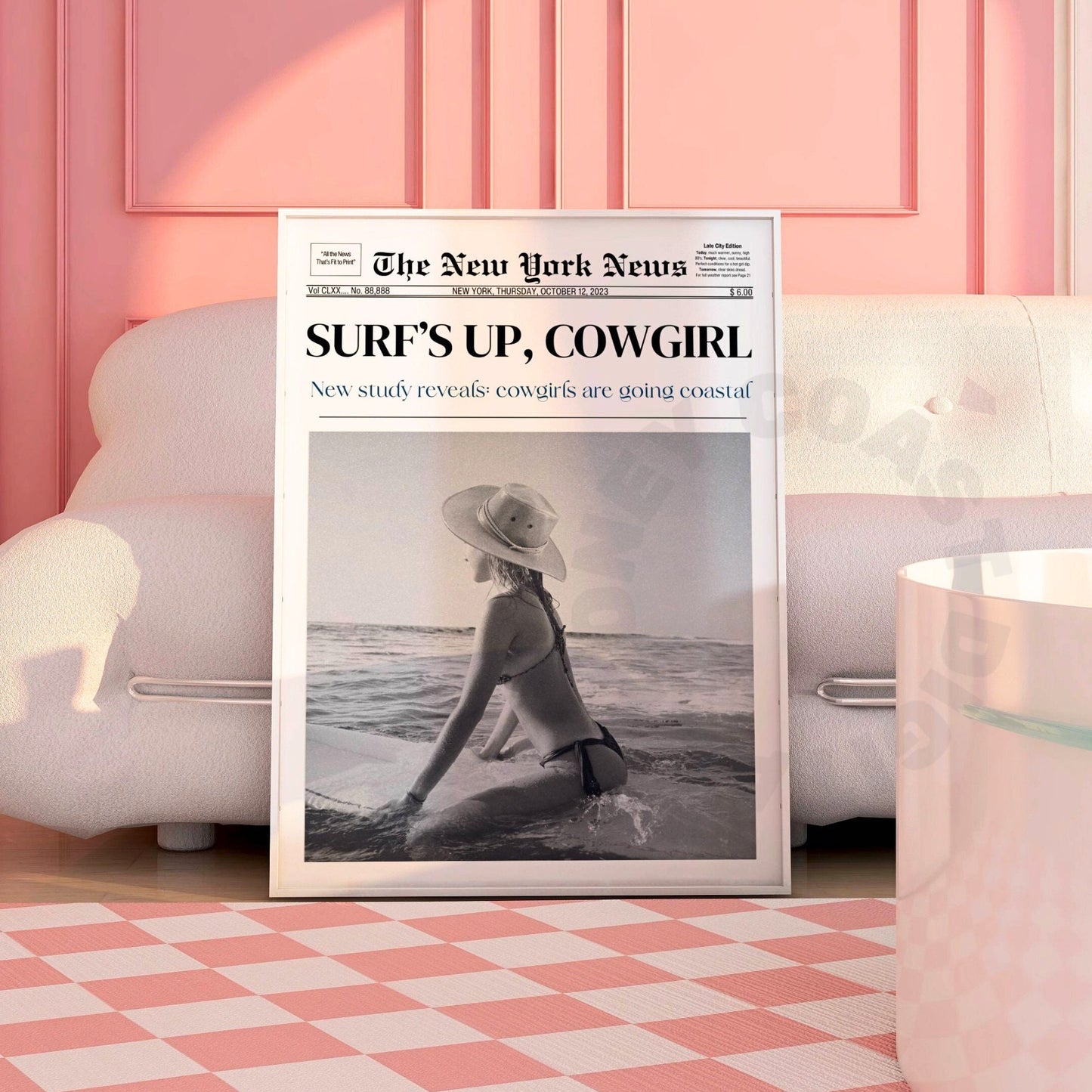 Surfs Up Cowgirl Newspaper Digital Prints In Monotone