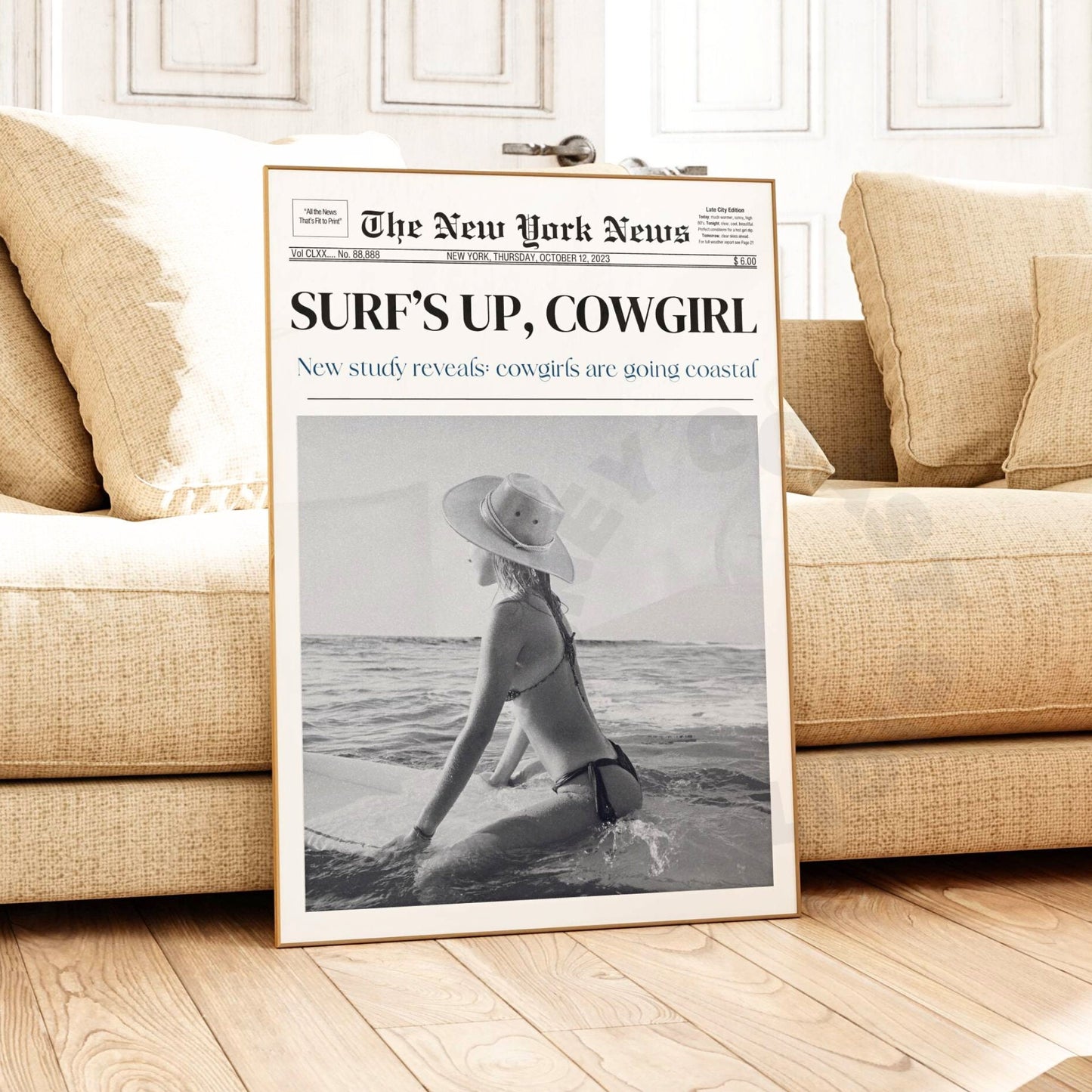 Surfs Up Cowgirl Newspaper Digital Prints In Monotone