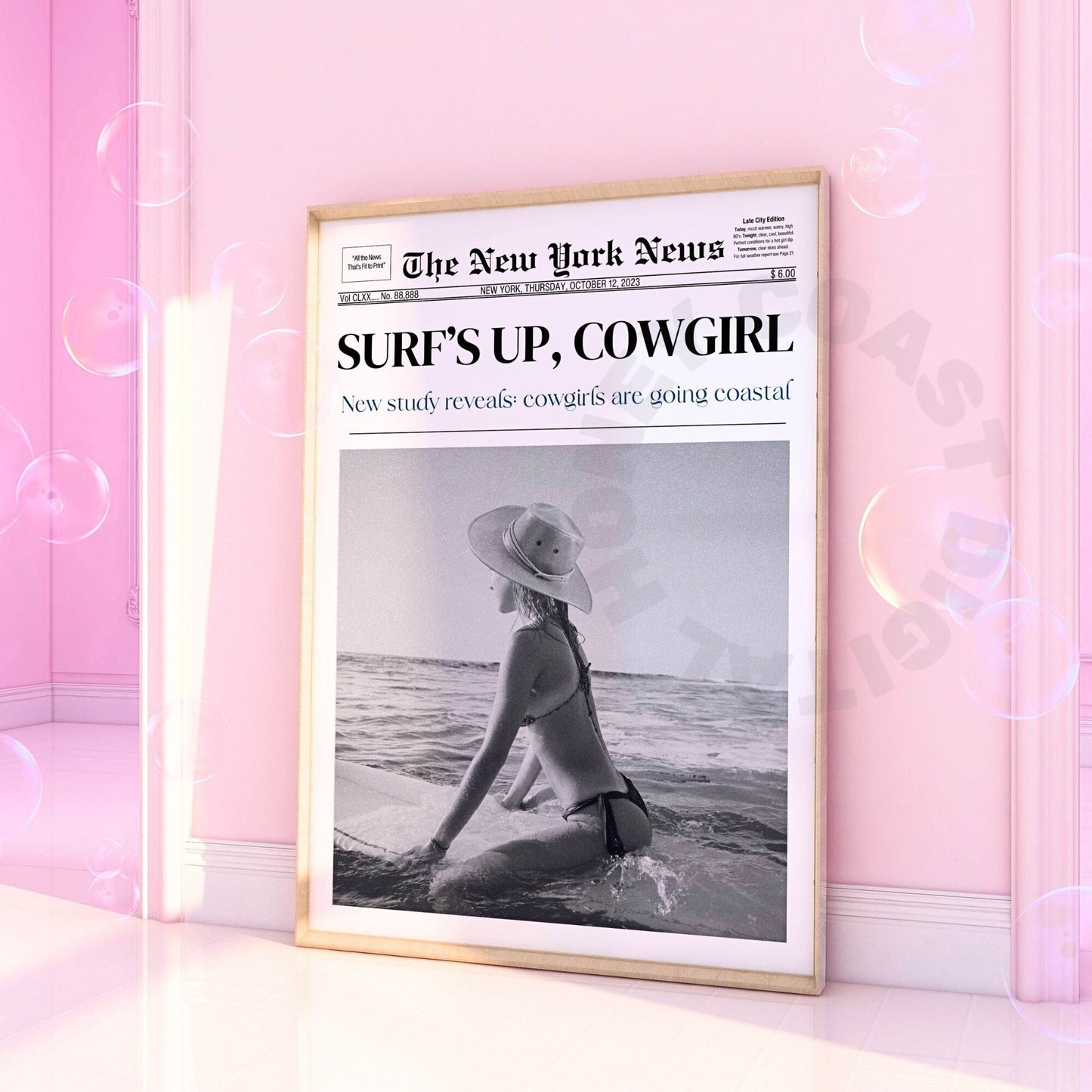 Surfs Up Cowgirl Newspaper Digital Prints In Monotone