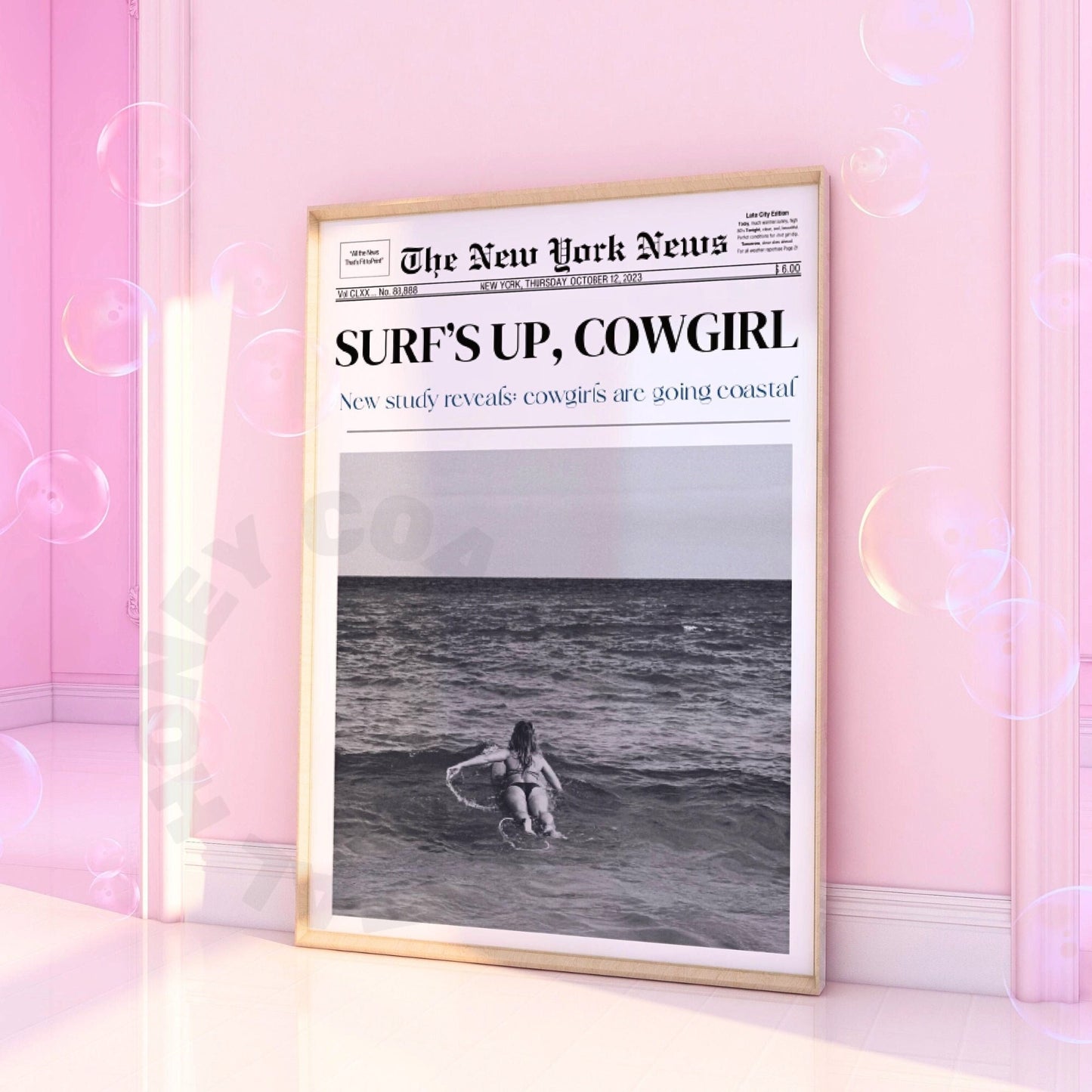 Surfs Up Cowgirl Newspaper Digital Prints In Monotone
