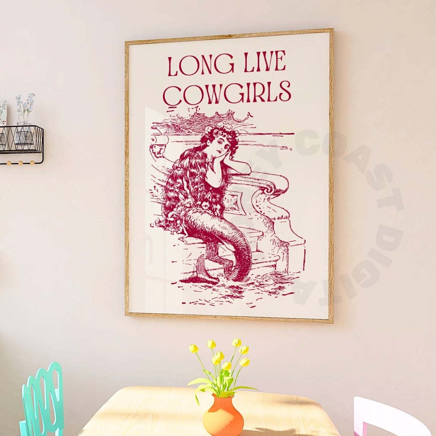 Vintage Red Mermaid Cowgirl Digital Prints