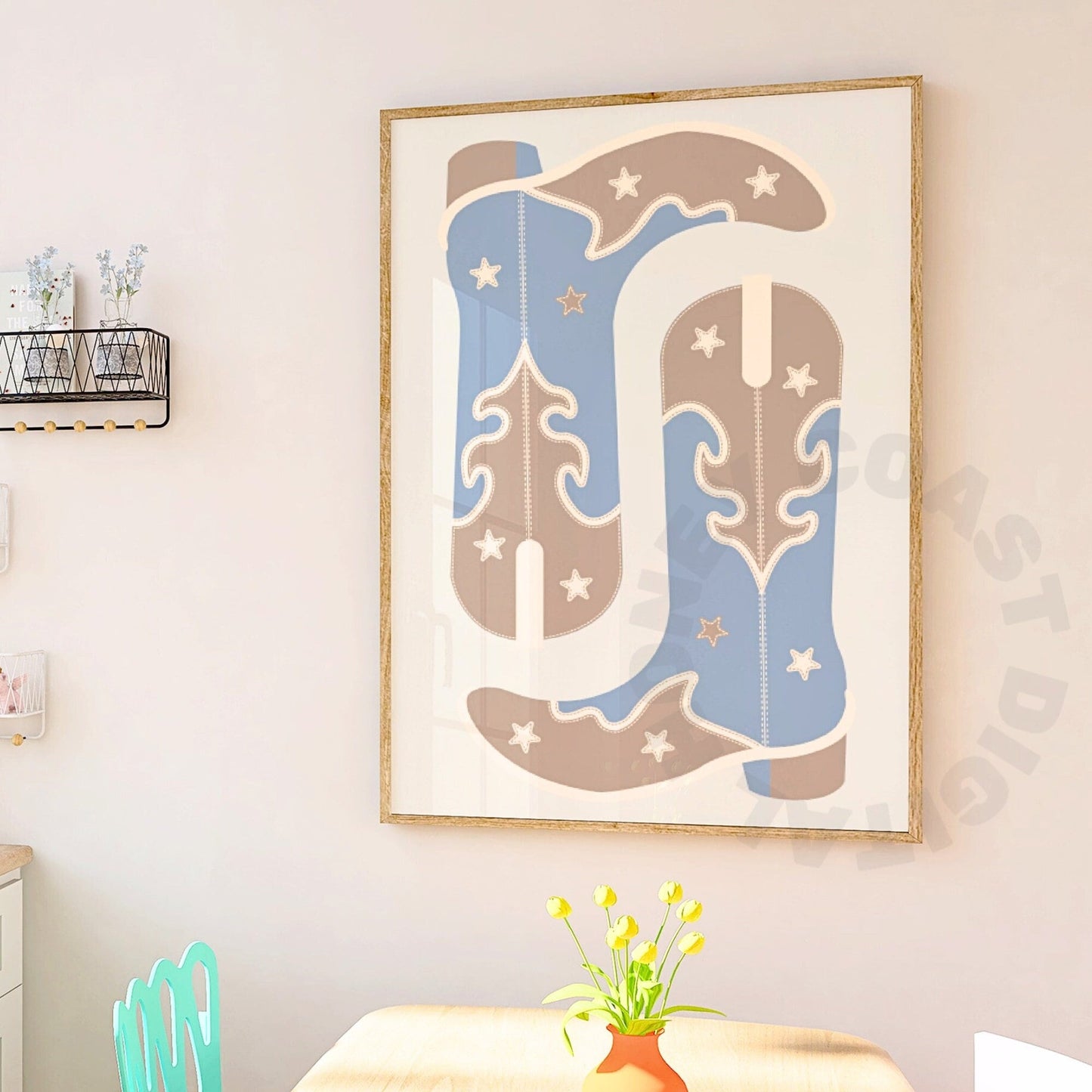 Blue Beige Cowboy Boots Digital Prints