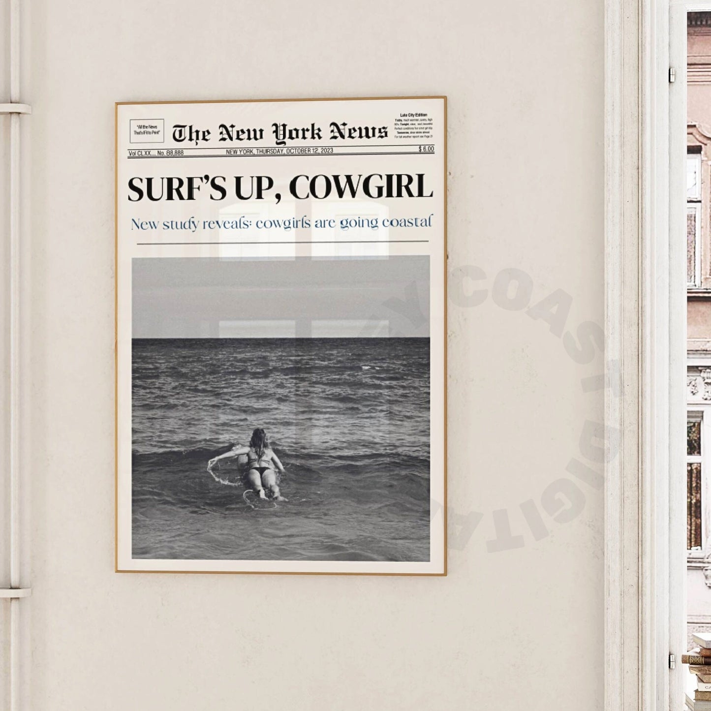 Surfs Up Cowgirl Newspaper Digital Prints In Monotone