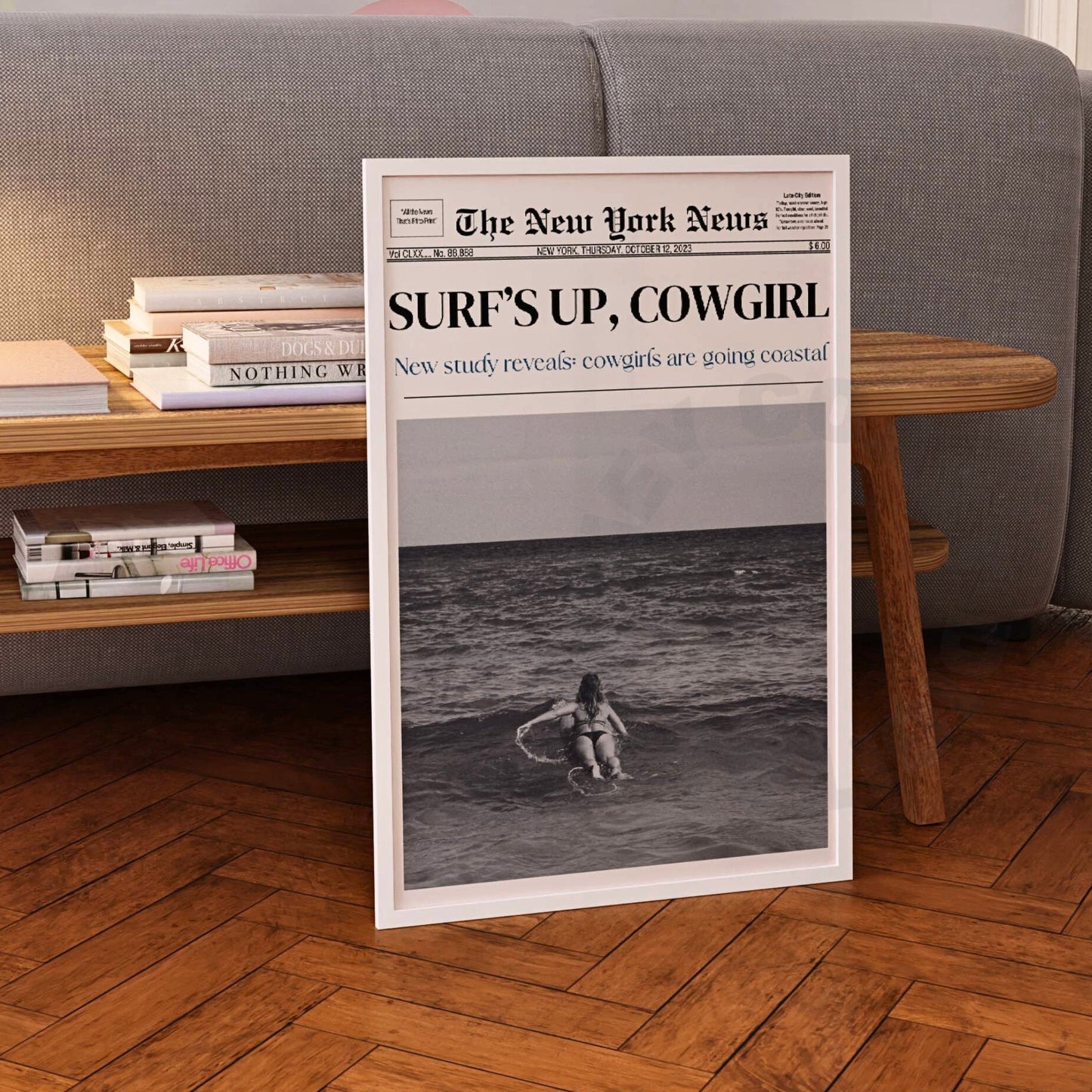 Surfs Up Cowgirl Newspaper Digital Prints In Monotone