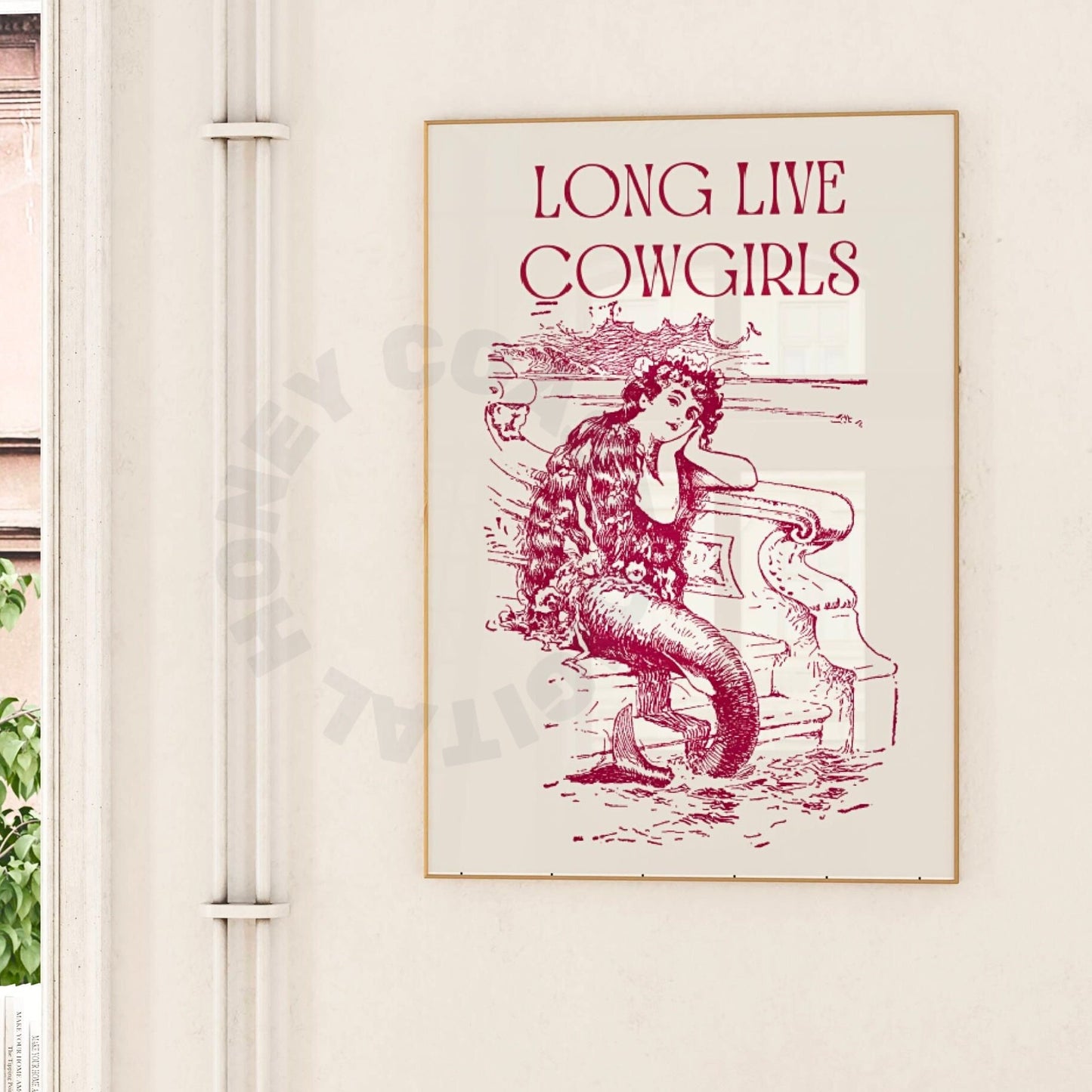 Vintage Red Mermaid Cowgirl Digital Prints