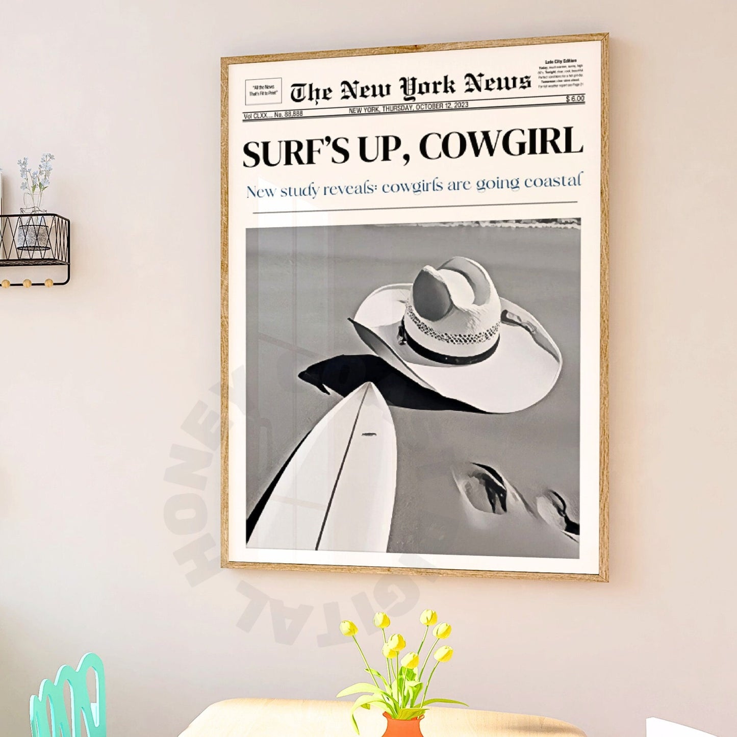 Surfs Up Cowgirl Newspaper Digital Prints In Monotone