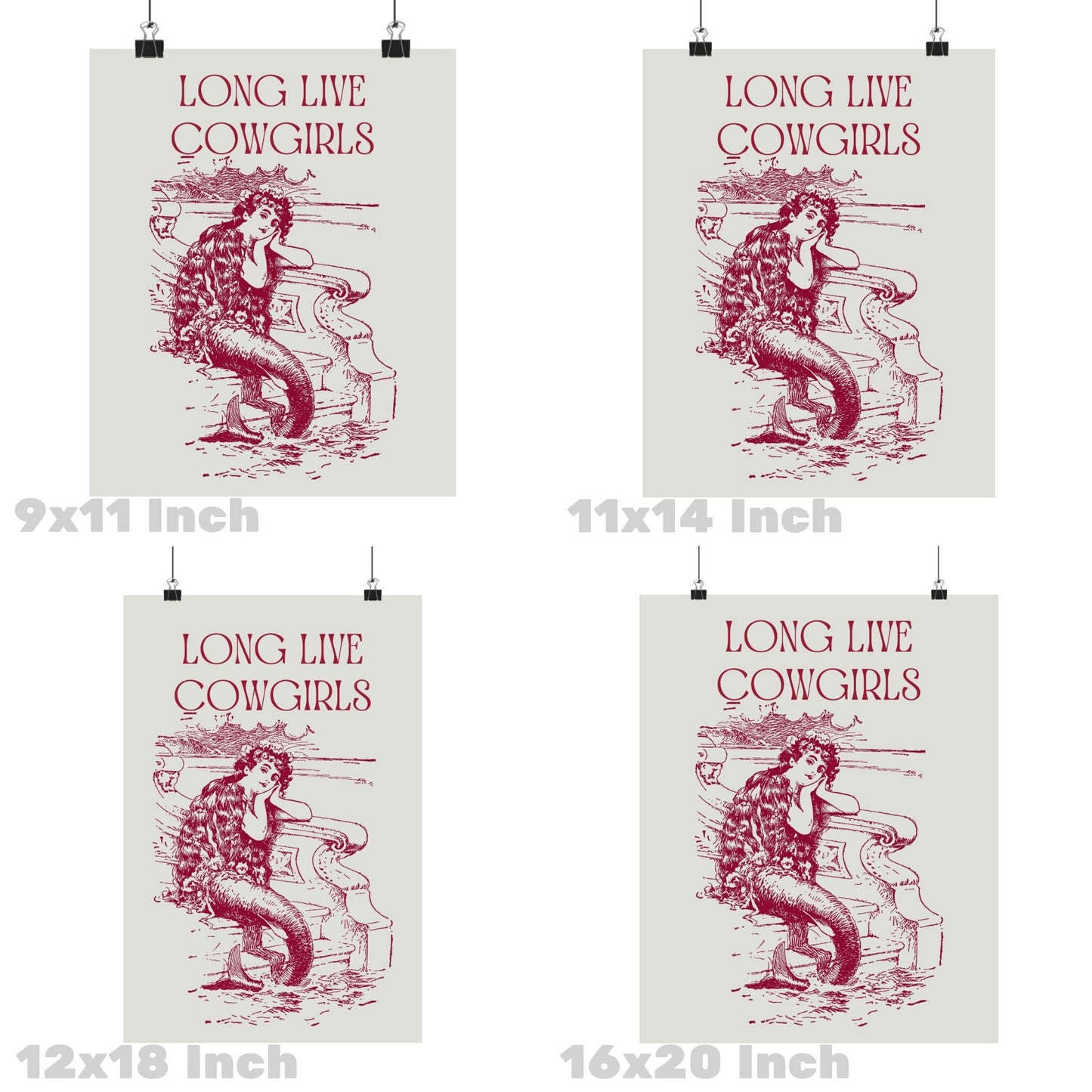 Vintage Red Mermaid Cowgirl Poster