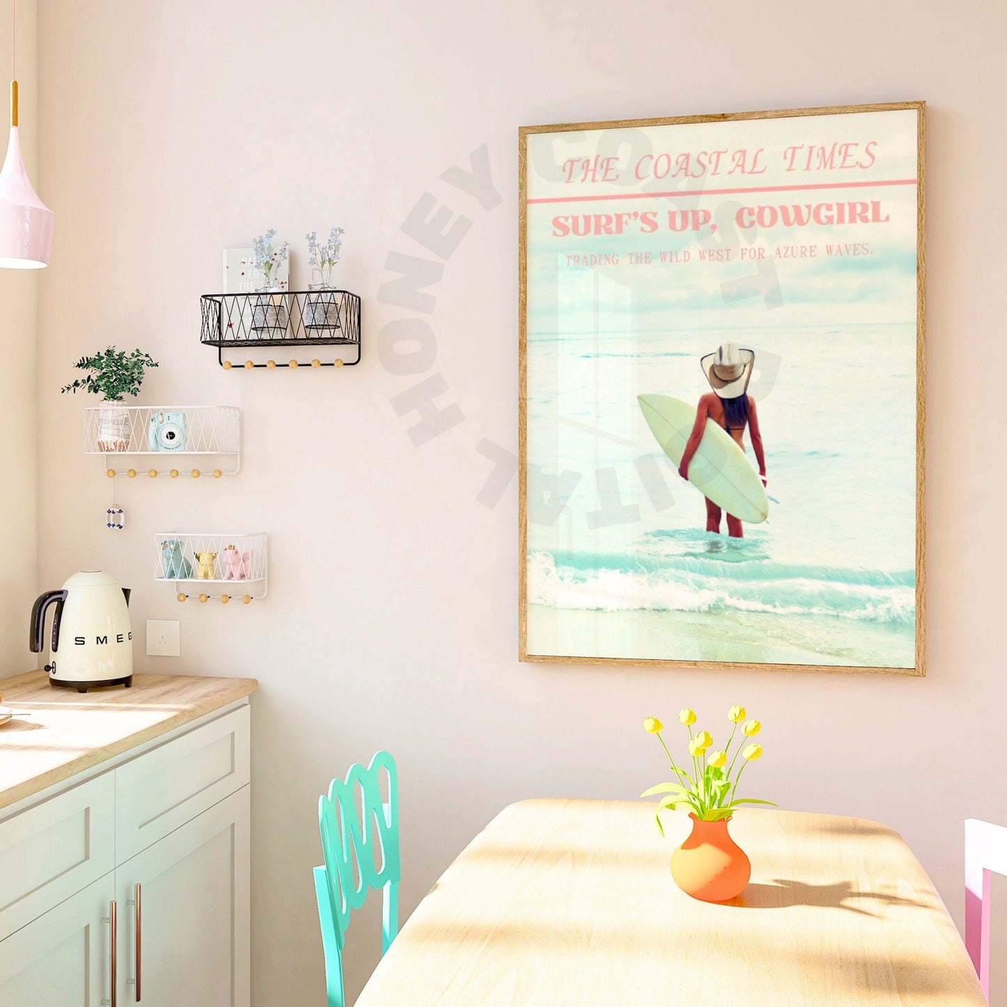 Pastel Surfs Up Cowgirl Newspaper Digital Prints