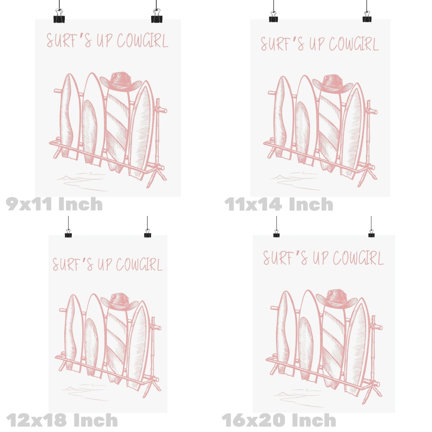 Pink Surfs Up Cowgirl Surfboards & Cowboy Poster