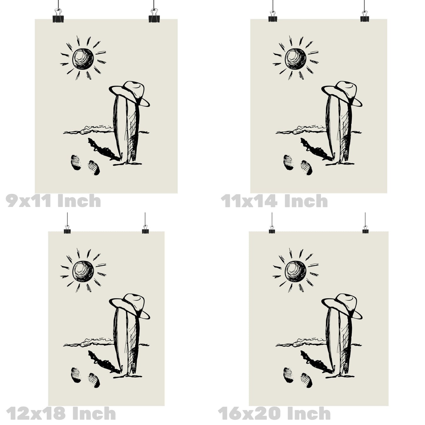 Monotone Surfboard & Cowboy Hat Poster
