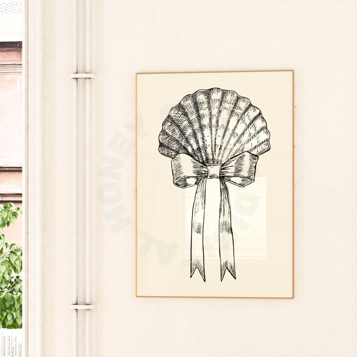 Monotone Seashell With Bow Sketch Digital Prints