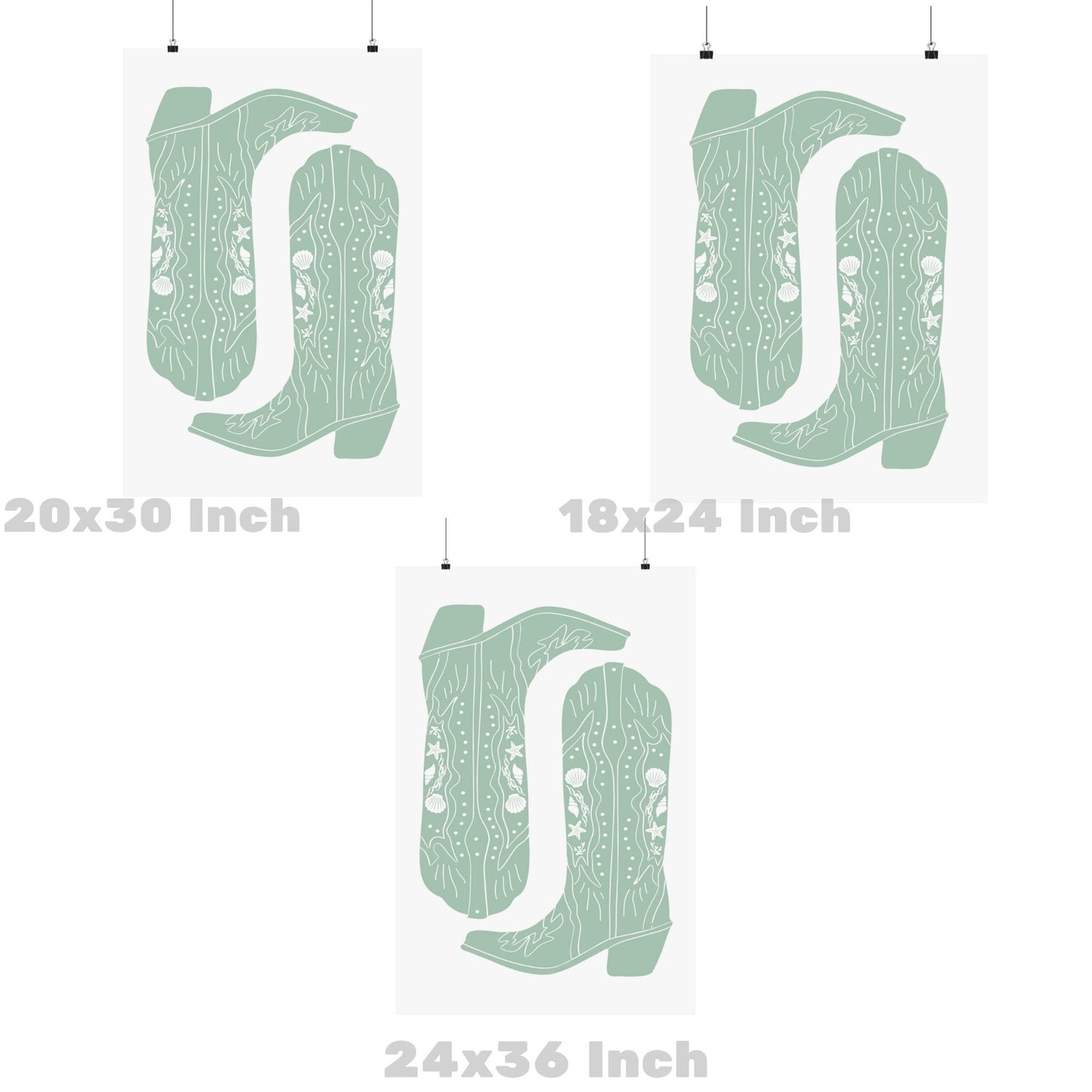 Sage Green Seashells Cowboy Boots Poster