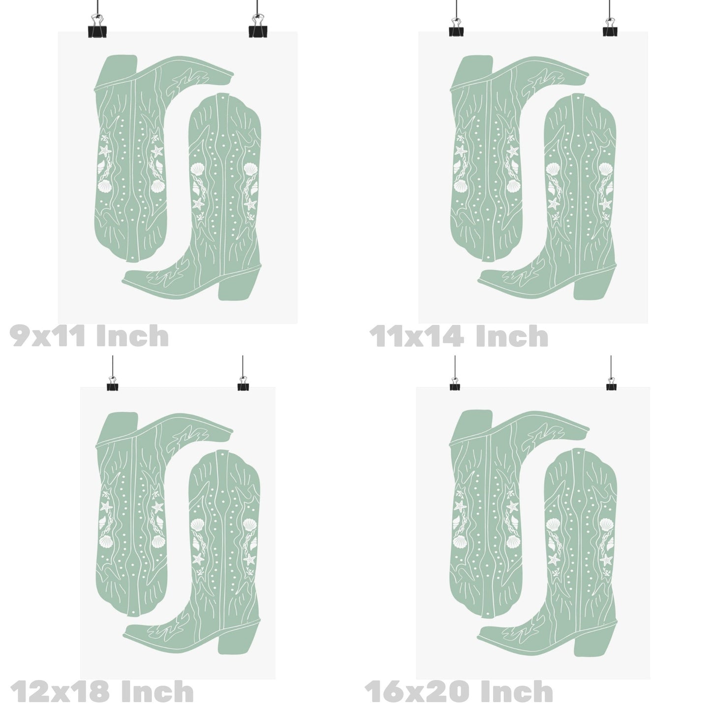 Sage Green Seashells Cowboy Boots Poster