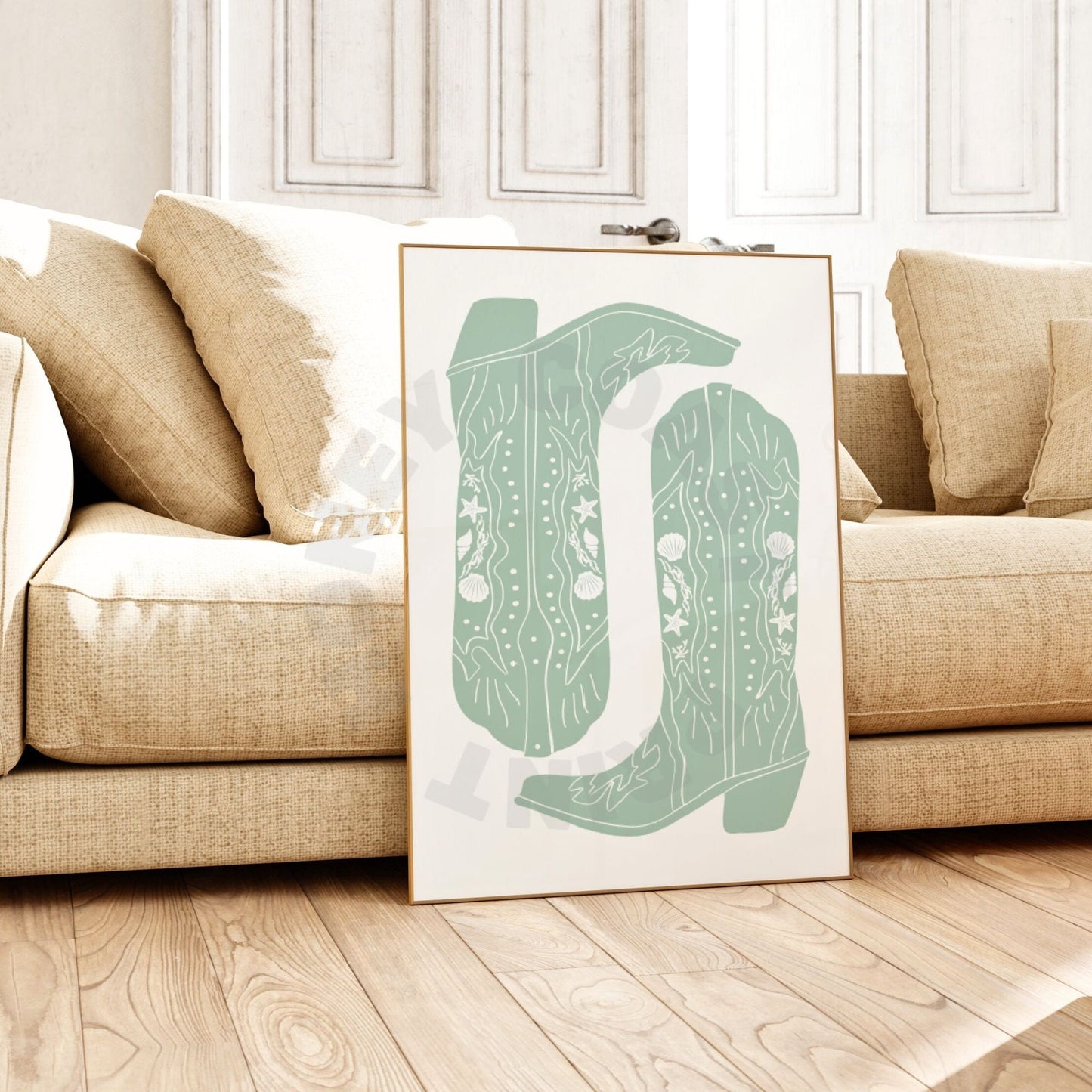 Sage Green Seashells Cowboy Boots Poster