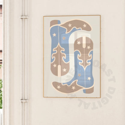 Blue Beige Cowboy Boots Digital Prints