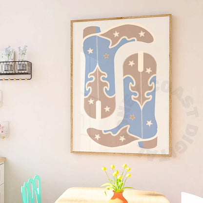 Blue Beige Cowboy Boots Digital Prints
