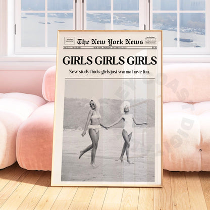Monotone Girls Girls Girls Newspaper Digital Prints