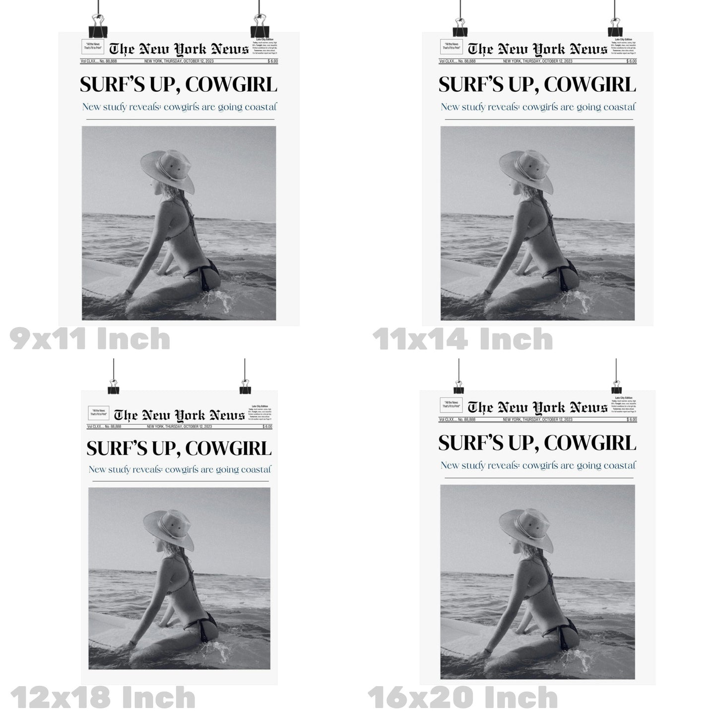 Monotone Surfs Up Cowgirl Newspaper Poster