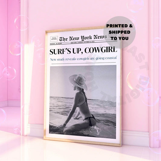 Monotone Surfs Up Cowgirl Newspaper Poster