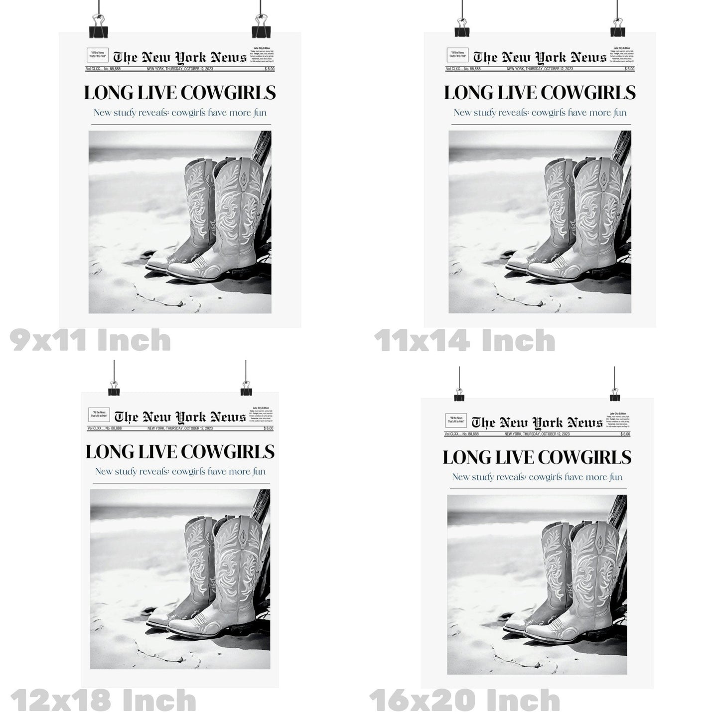 Monotone Cowboy Boots Newspapers Poster