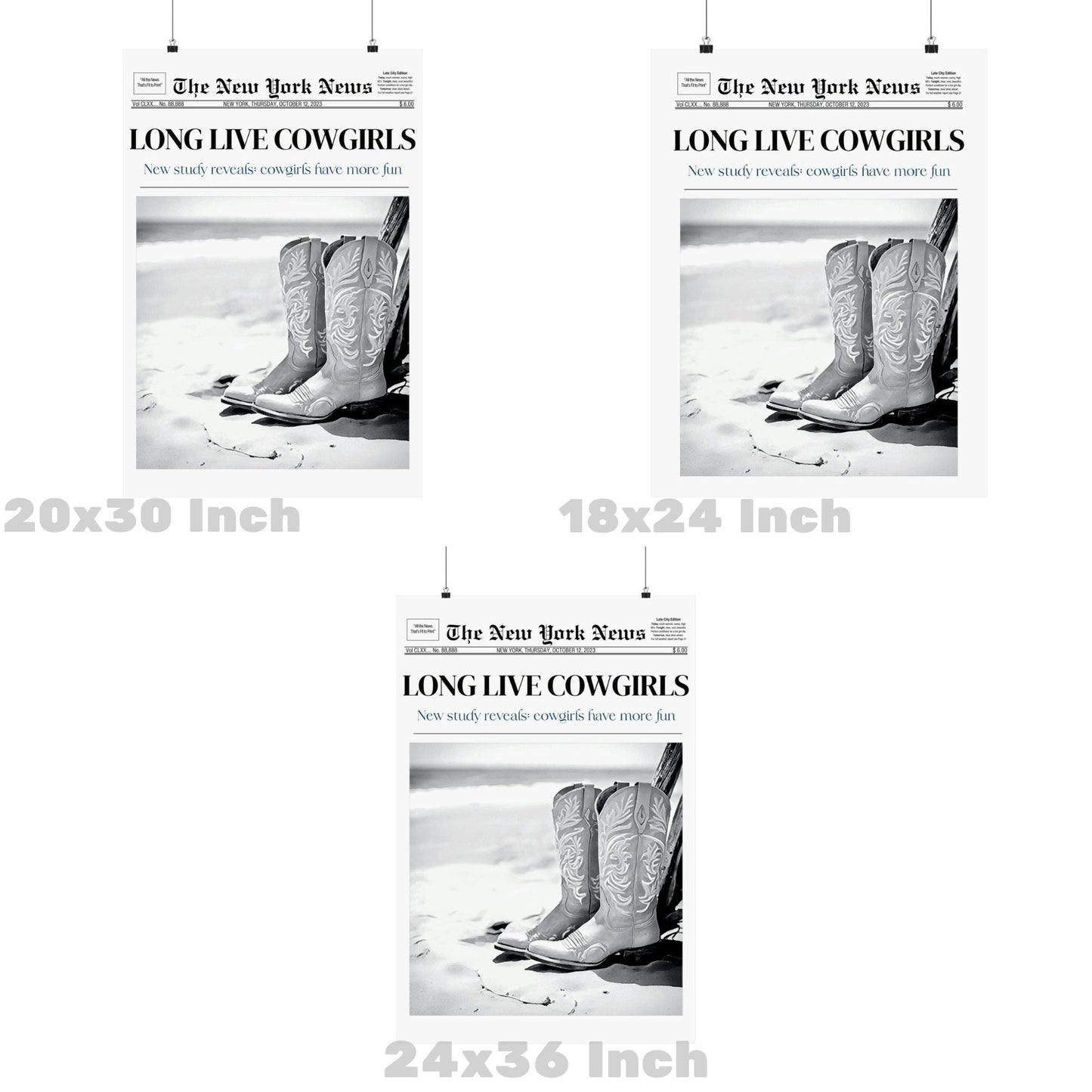 Monotone Cowboy Boots Newspapers Poster