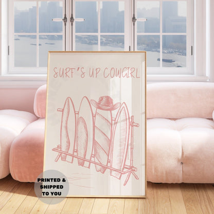 Pink Surfs Up Cowgirl  Surfboards & Cowboy Poster