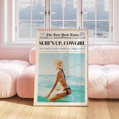 Surfs Up Cowgirl Newspaper Poster