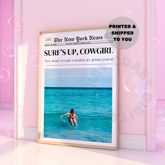 Surfs Up Cowgirl Newspaper Poster