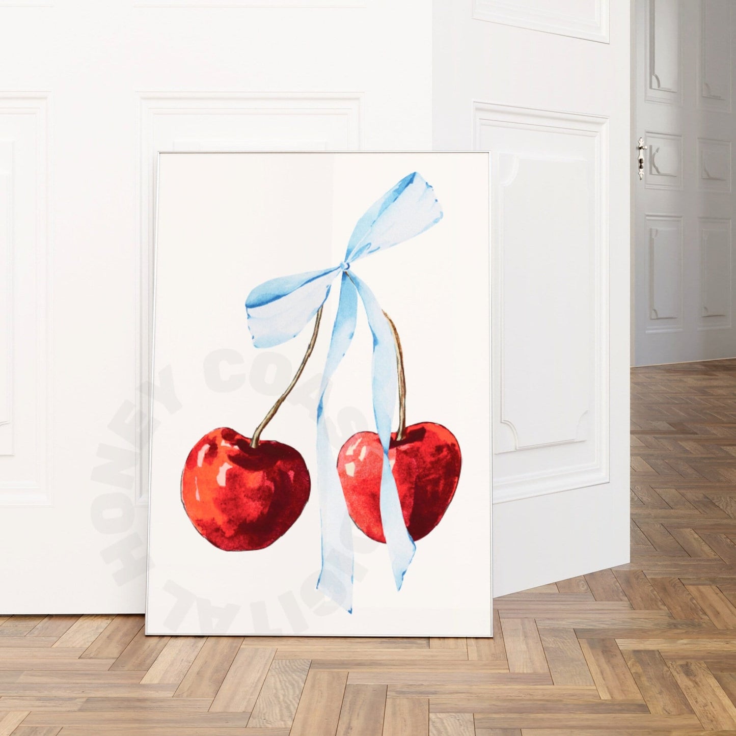 Watercolor Cherry With Blue Hair Bow Digital Prints