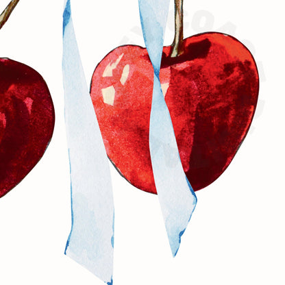 Watercolor Cherry With Blue Hair Bow Digital Prints