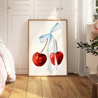 Watercolor Cherry With Blue Hair Bow Digital Prints