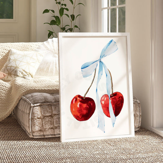 Watercolor Cherry With Blue Hair Bow Digital Prints