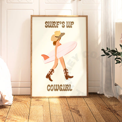 Surfs Up Cowgirl Surfer Girl Poster