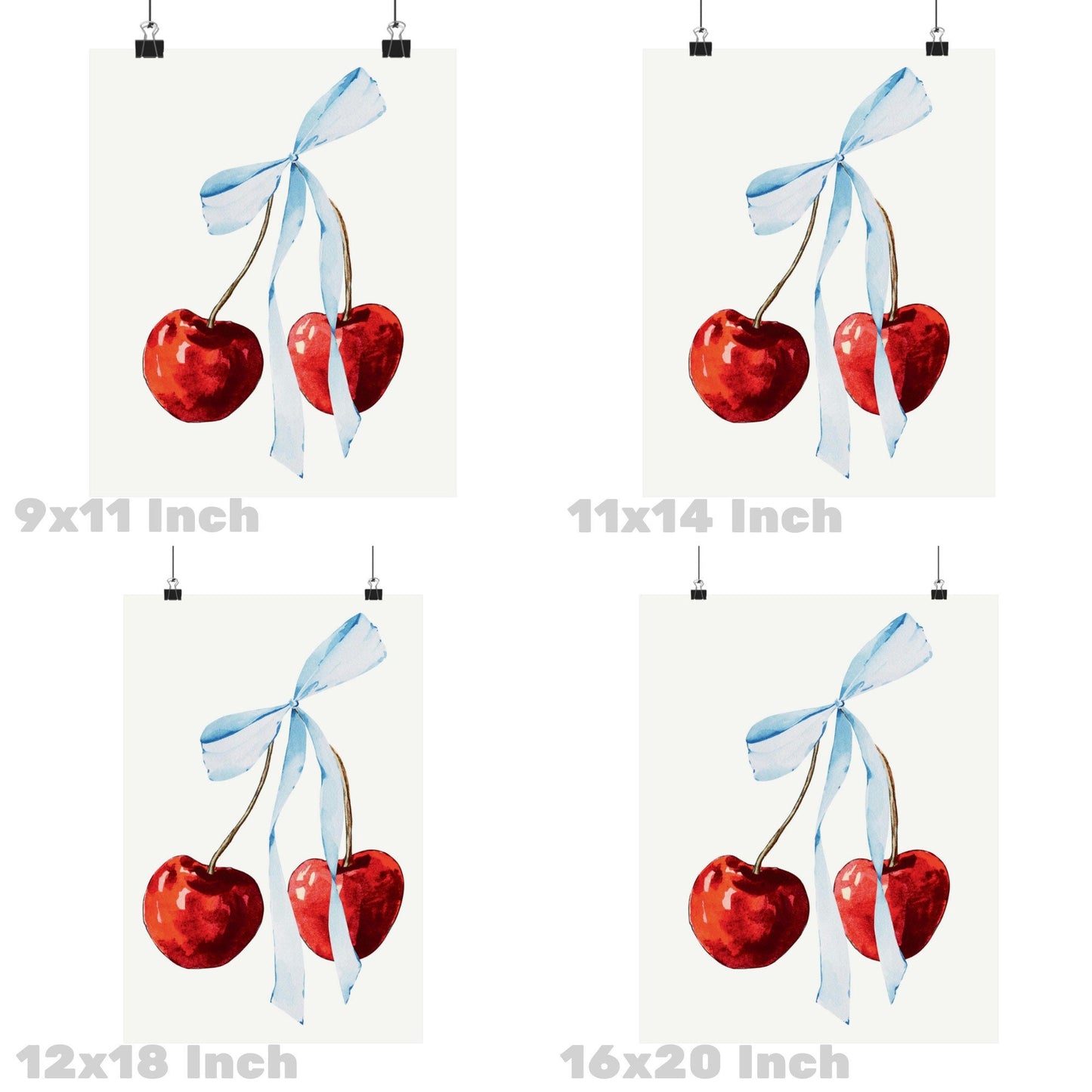 Watercolor Cherry With Blue Hair Bow Poster