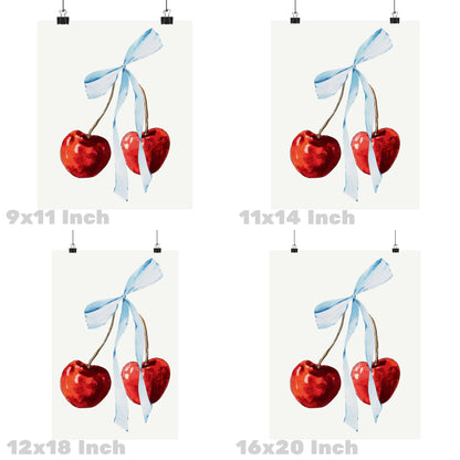 Watercolor Cherry With Blue Hair Bow Poster