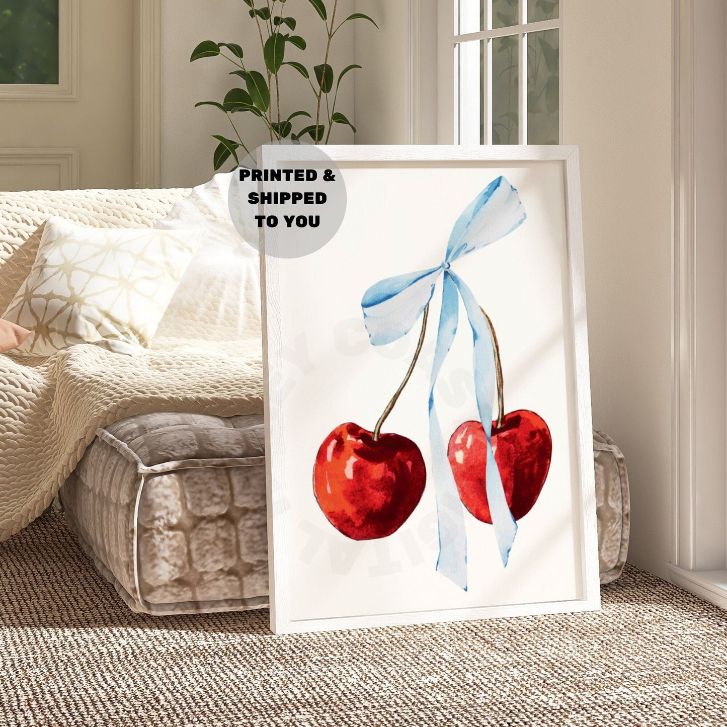 Watercolor Cherry With Blue Hair Bow Poster