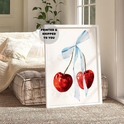 Watercolor Cherry With Blue Hair Bow Poster