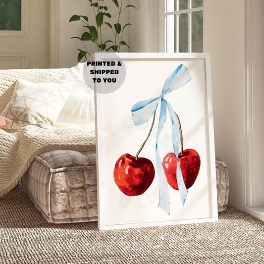 Watercolor Cherry With Blue Hair Bow Poster