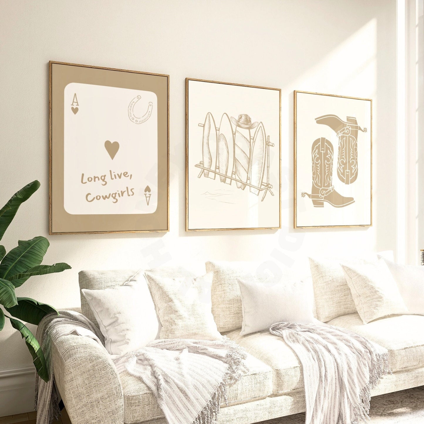 Beige Coastal Cowgirl  Digital Prints, Set Of 3