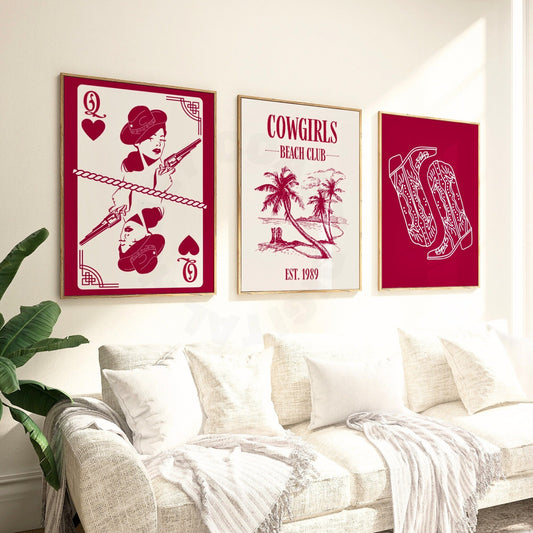 Red Coastal Cowgirl Digital Prints, Set Of 3