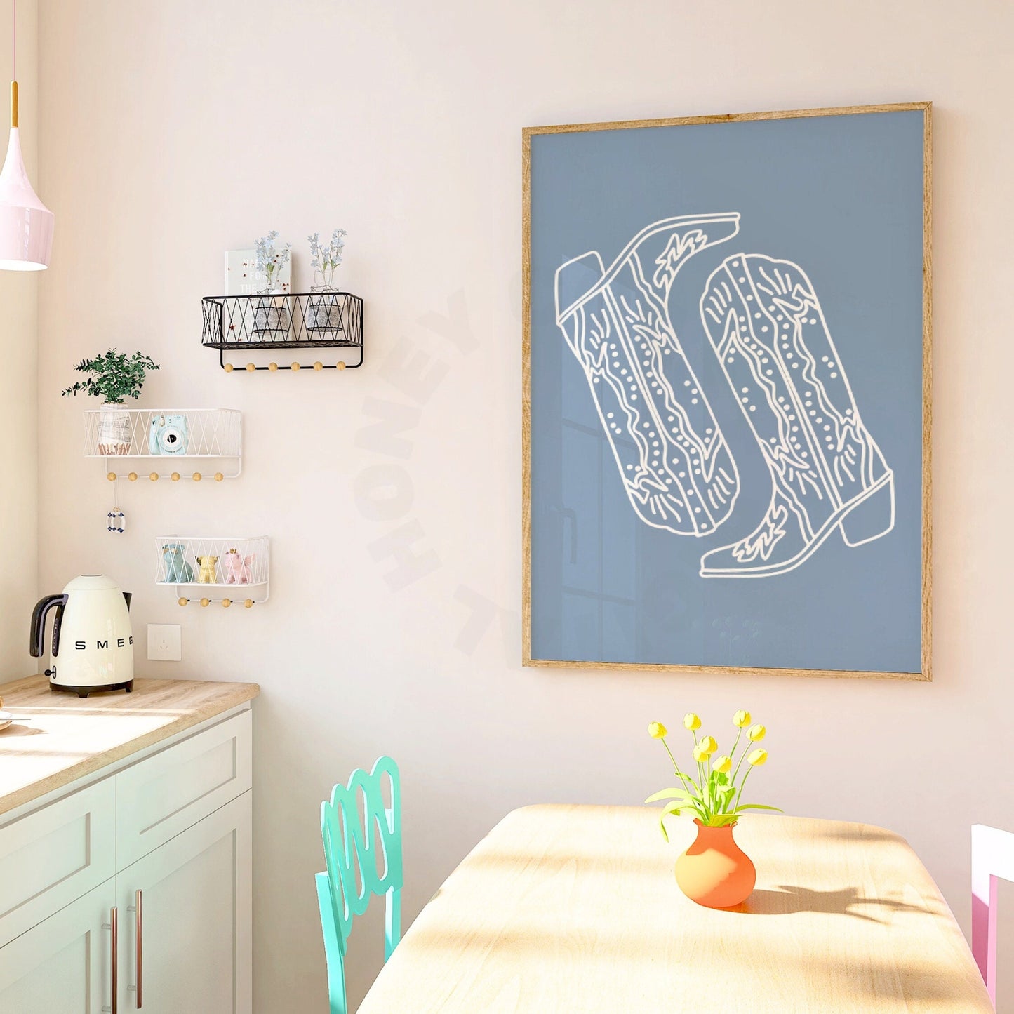 Coastal Blue Minimalist Cowboy Boots Digital Prints