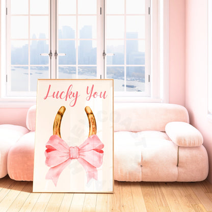 Lucky You Horseshoe With Pink Hair Bow Digital Prints