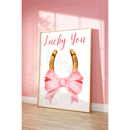 Lucky You Horseshoe With Pink Hair Bow Digital Prints