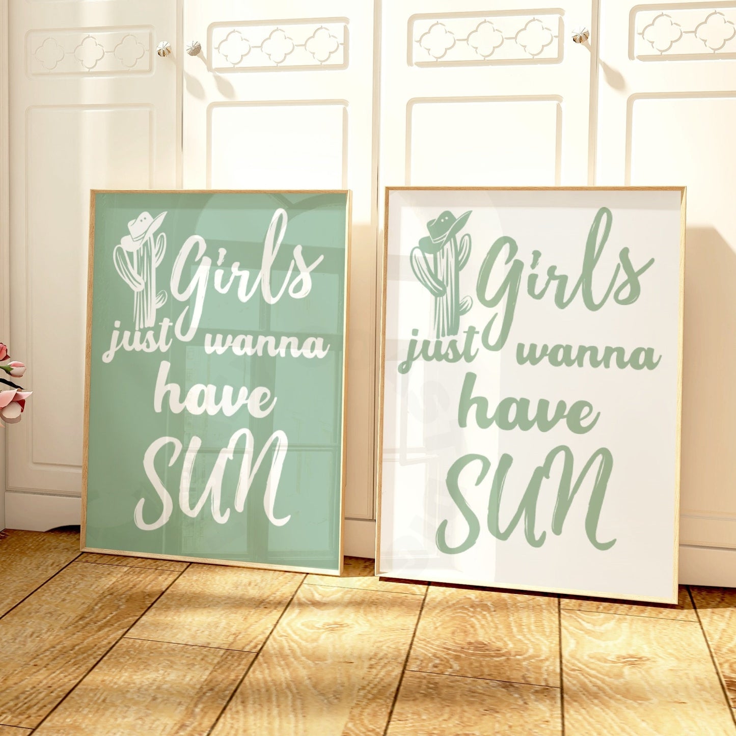 Sage Green Girls Just Wanna Have Sun Digital Print, Set Of 2