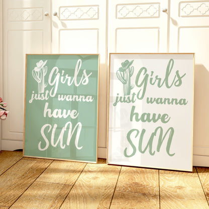 Sage Green Girls Just Wanna Have Sun Digital Print, Set Of 2