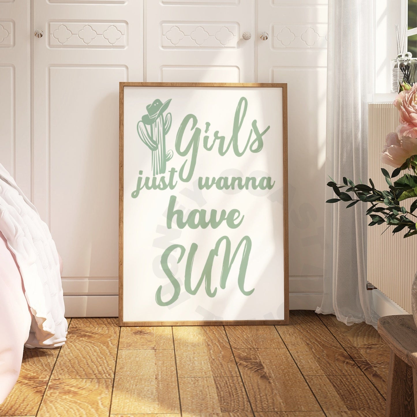 Sage Green Girls Just Wanna Have Sun Digital Print, Set Of 2