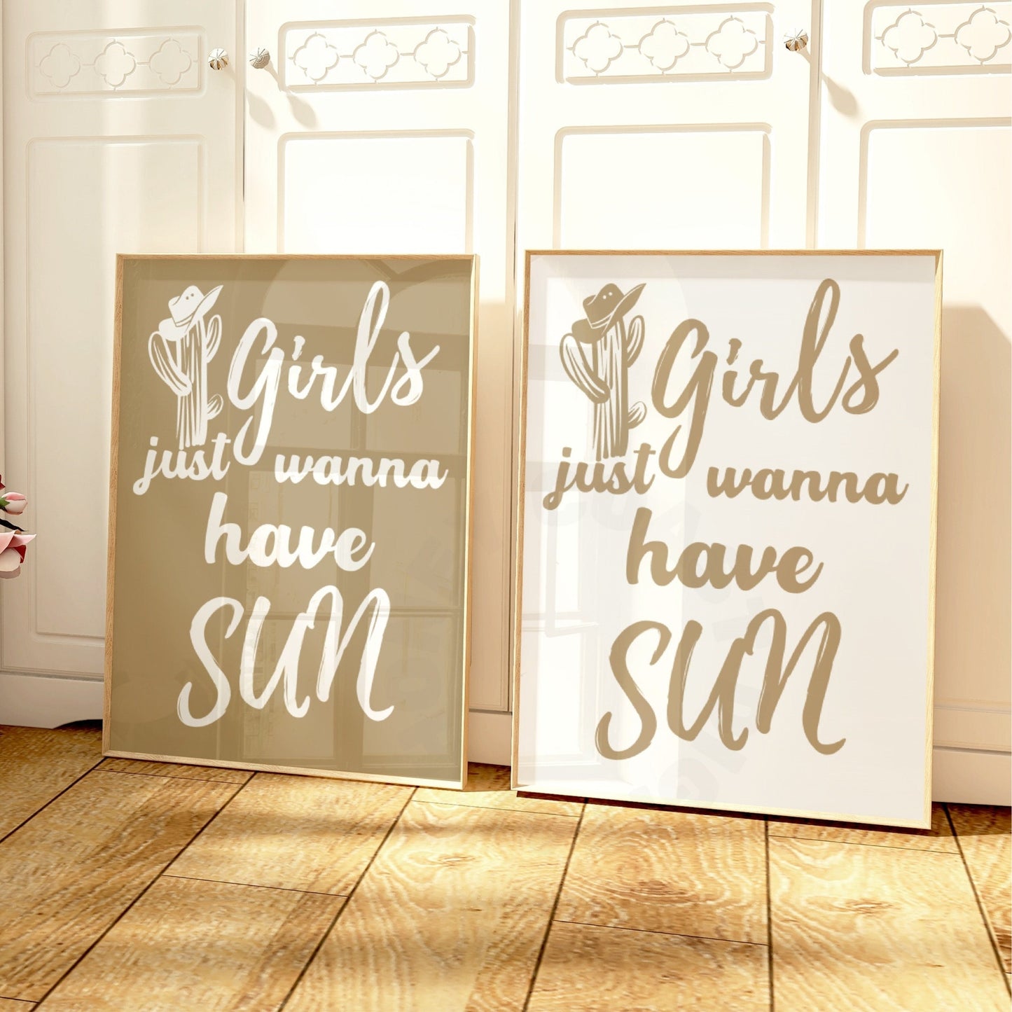 Beige Girls Just Wanna Have Sun Digital Prints, Set Of 2