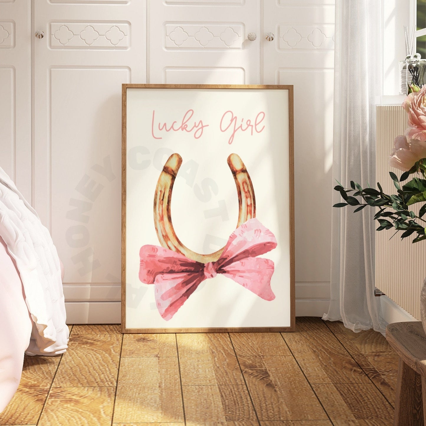 Lucky Girl Horseshoe With Pink Hair Bow Digital Prints