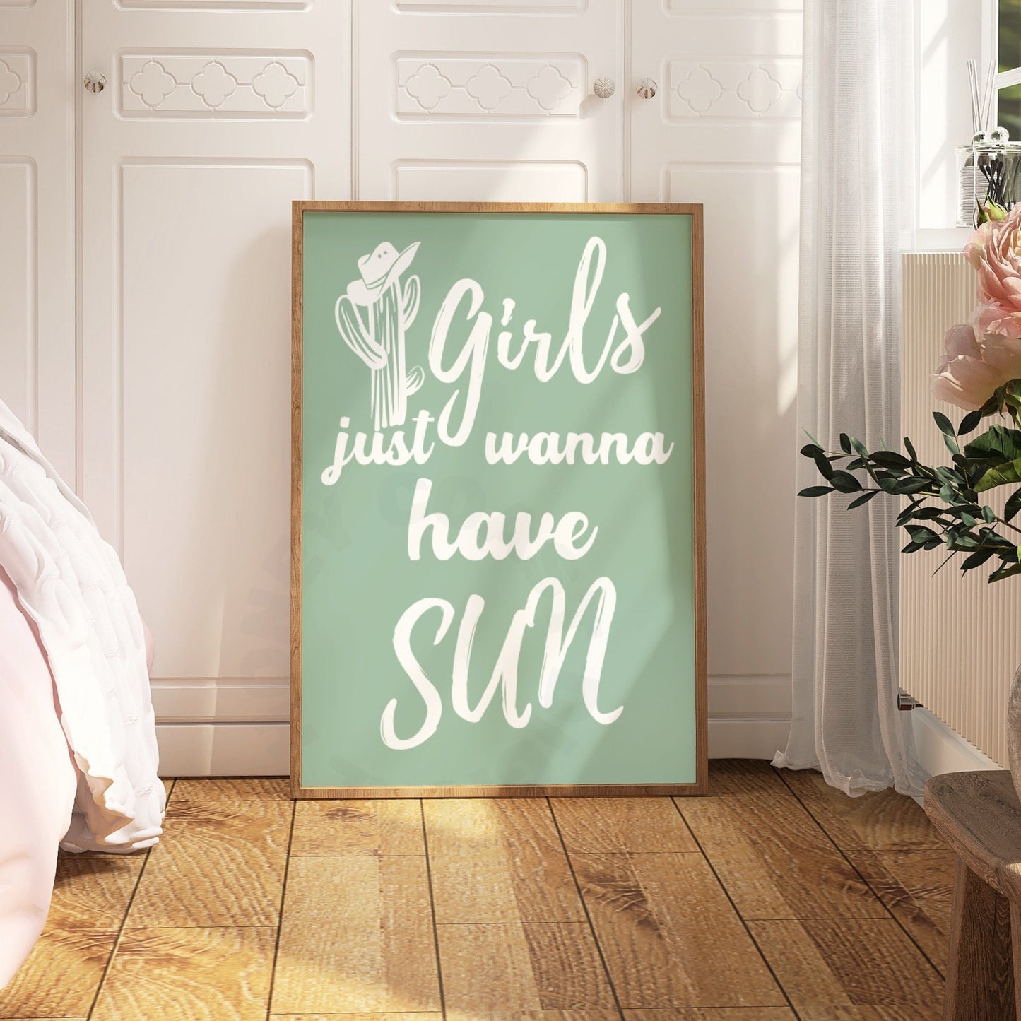 Sage Green Girls Just Wanna Have Sun Digital Print, Set Of 2