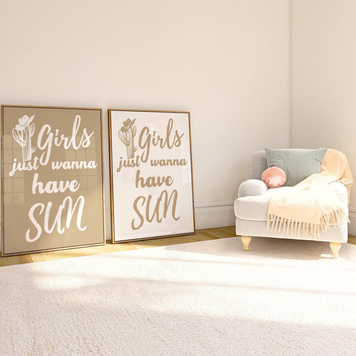 Beige Girls Just Wanna Have Sun Digital Prints, Set Of 2